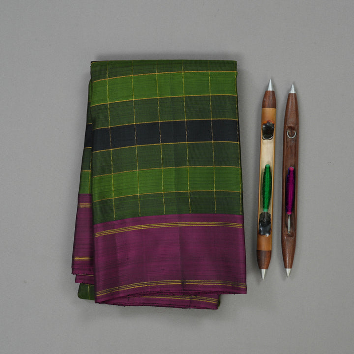Hayagrivas Handloom Multicolour Checks Kanjivaram Silk Saree with Wine Purple Border KBD2073C2-1
