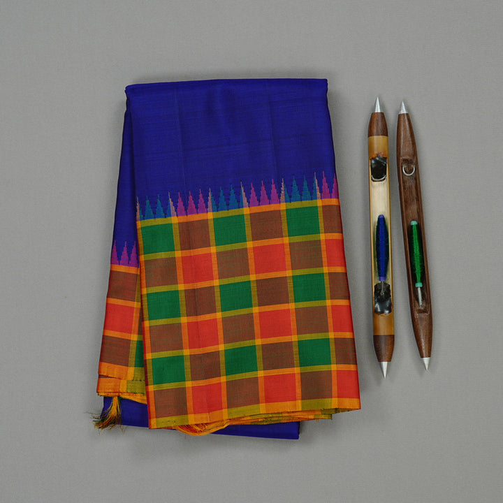 Hayagrivas Blue Handloom Kanjivaram Silk Saree with Multi Colour Checks Border KBD2073C23-1