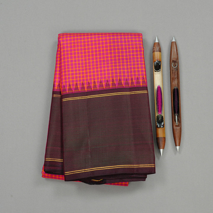 Hayagrivas Orange With Pink Muted Checks Handloom Kanjivaram Silk Saree with Wine Maroon Border KBD2073C8-1