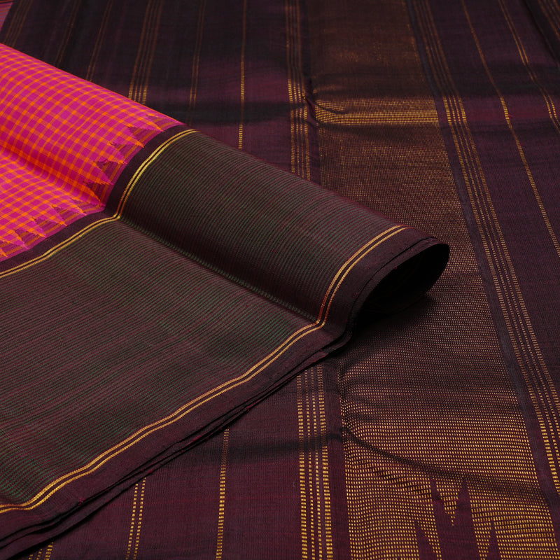 Hayagrivas Orange With Pink Muted Checks Handloom Kanjivaram Silk Saree with Wine Maroon Border KBD2073C8-1
