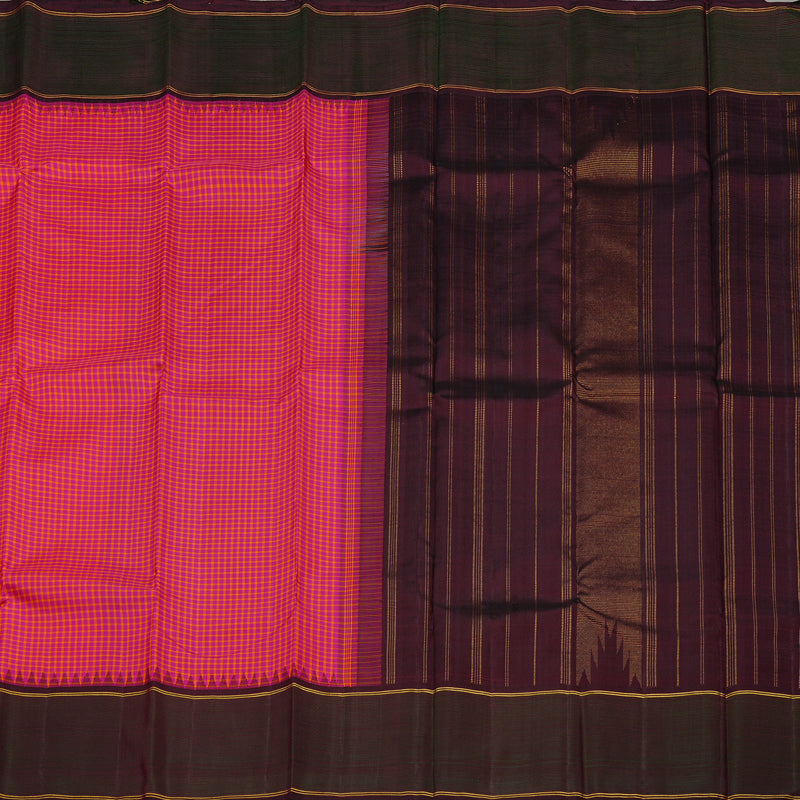 Hayagrivas Orange With Pink Muted Checks Handloom Kanjivaram Silk Saree with Wine Maroon Border KBD2073C8-1