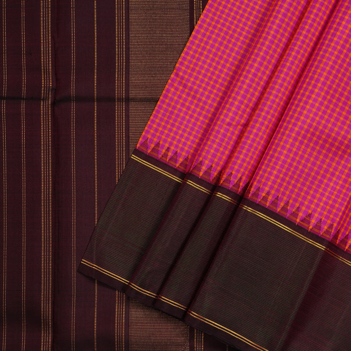 Hayagrivas Orange With Pink Muted Checks Handloom Kanjivaram Silk Saree with Wine Maroon Border KBD2073C8-1