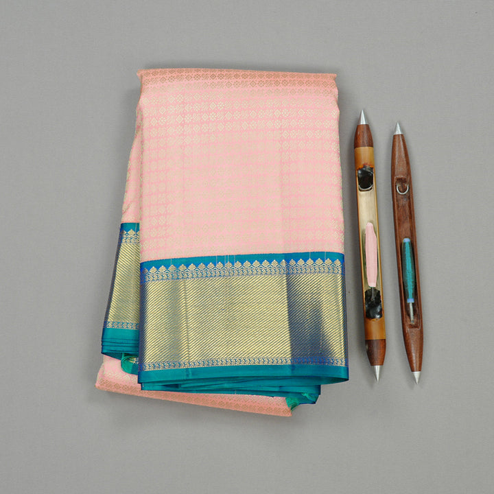 Hayagrivas Peach Pink Handloom Kanjivaram Silk Saree with Peacock Blue Border KBD2088C1-1