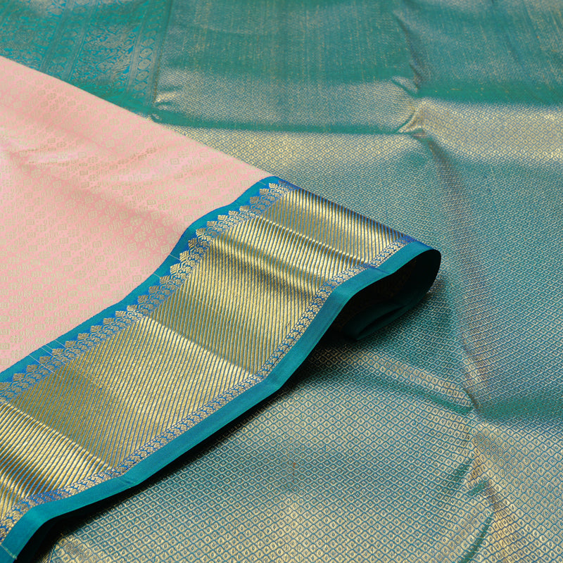 Hayagrivas Peach Pink Handloom Kanjivaram Silk Saree with Peacock Blue Border KBD2088C1-1