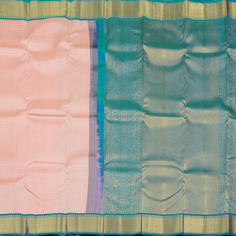 Hayagrivas Peach Pink Handloom Kanjivaram Silk Saree with Peacock Blue Border KBD2088C1-1