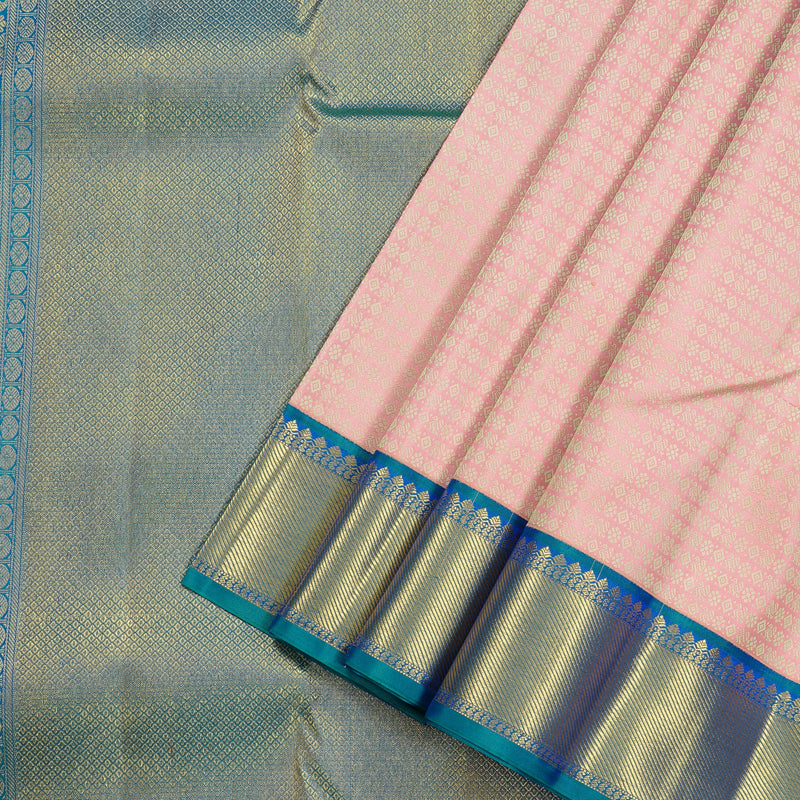 Hayagrivas Peach Pink Handloom Kanjivaram Silk Saree with Peacock Blue Border KBD2088C1-1