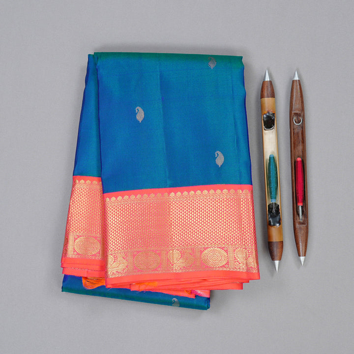 Hayagrivas Peacock Blue Handloom Kanjivaram Silk Saree with Orangish Pink Border KBD2088C11-3