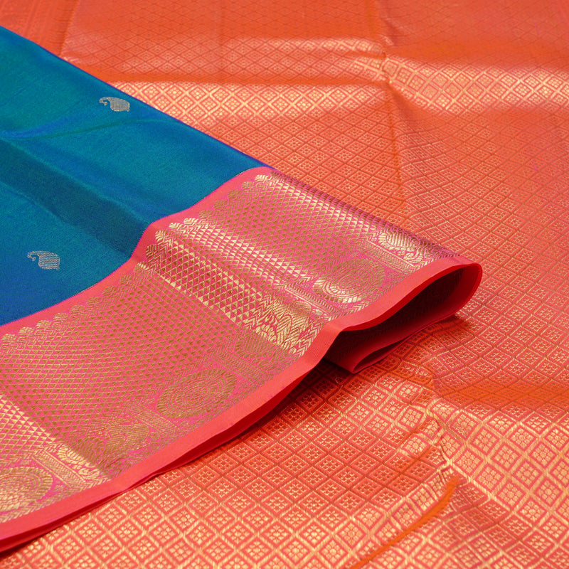 Hayagrivas Peacock Blue Handloom Kanjivaram Silk Saree with Orangish Pink Border KBD2088C11-3