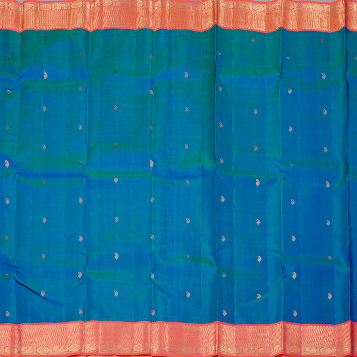 Hayagrivas Peacock Blue Handloom Kanjivaram Silk Saree with Orangish Pink Border KBD2088C11-3