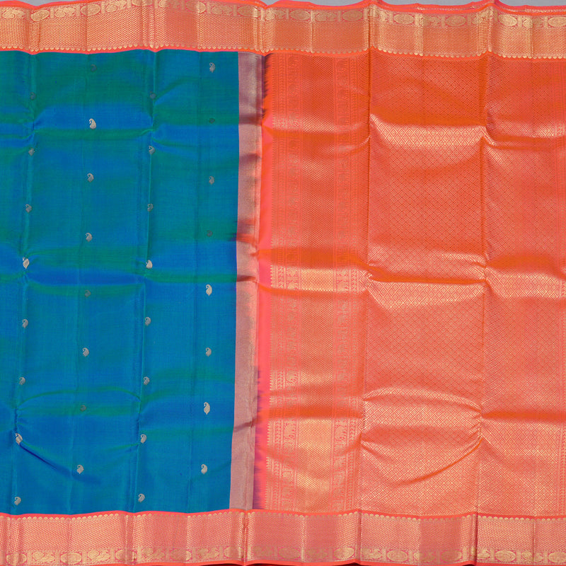 Hayagrivas Peacock Blue Handloom Kanjivaram Silk Saree with Orangish Pink Border KBD2088C11-3