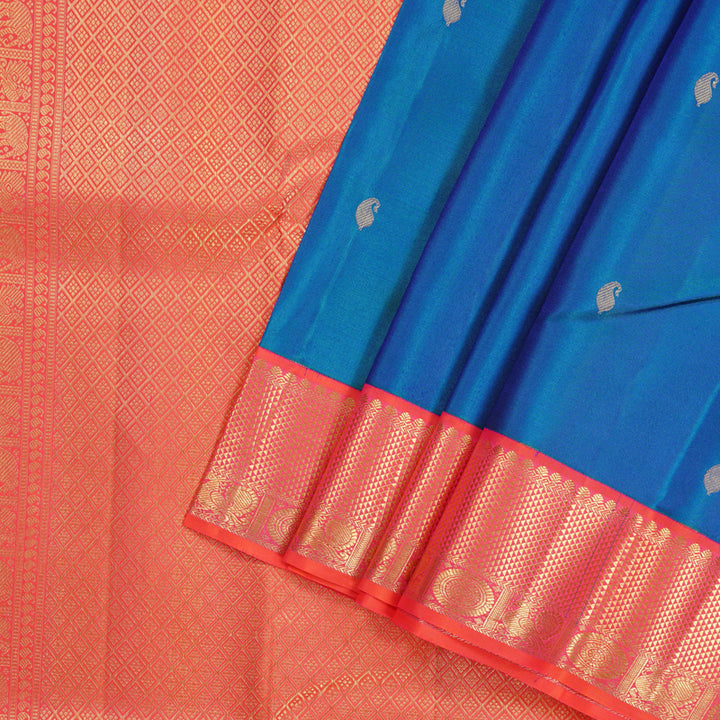 Hayagrivas Peacock Blue Handloom Kanjivaram Silk Saree with Orangish Pink Border KBD2088C11-3