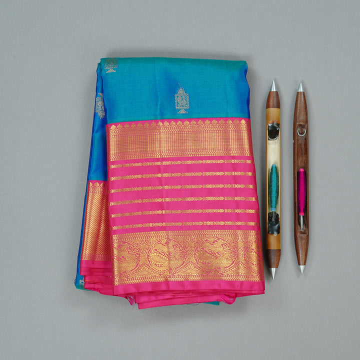 Hayagrivas Peacock Blue Handloom Kanjivaram Silk Saree with Pink Border KBD2088C2-4