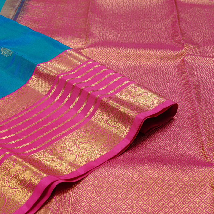 Hayagrivas Peacock Blue Handloom Kanjivaram Silk Saree with Pink Border KBD2088C2-4