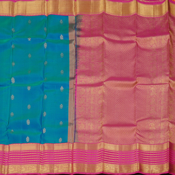 Hayagrivas Peacock Blue Handloom Kanjivaram Silk Saree with Pink Border KBD2088C2-4