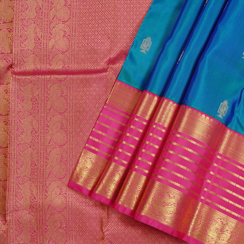 Hayagrivas Peacock Blue Handloom Kanjivaram Silk Saree with Pink Border KBD2088C2-4