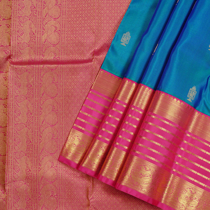 Hayagrivas Peacock Blue Handloom Kanjivaram Silk Saree with Pink Border KBD2088C2-4