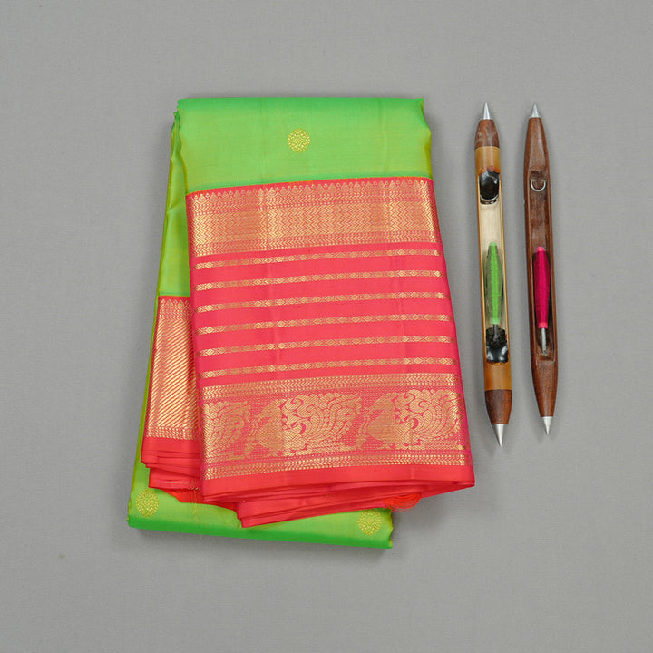 Hayagrivas Fluorescent Green Handloom Kanjivaram Silk Saree with Orangish Pink Border KBD2088C2-5