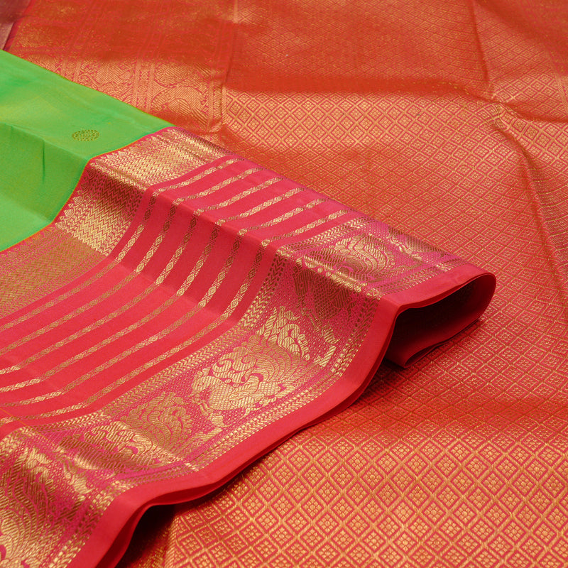 Hayagrivas Fluorescent Green Handloom Kanjivaram Silk Saree with Orangish Pink Border KBD2088C2-5