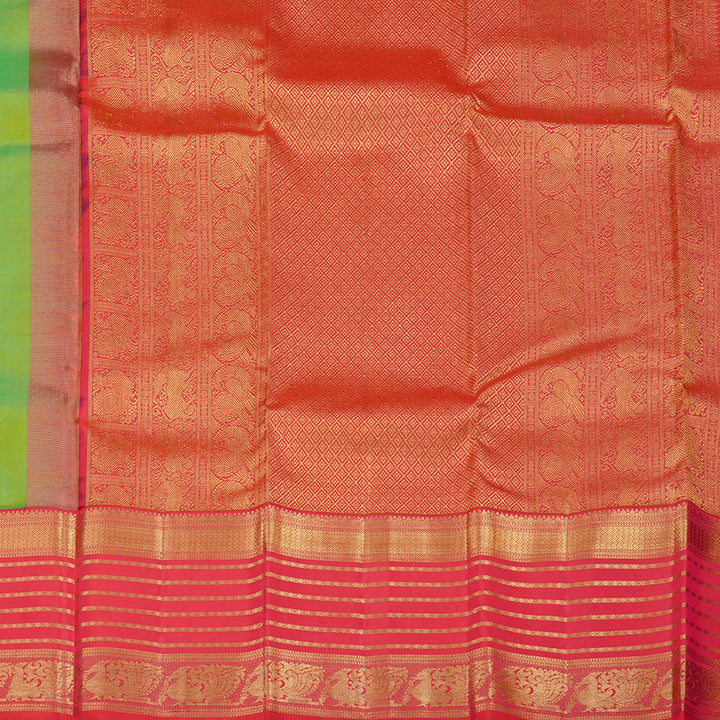 Hayagrivas Fluorescent Green Handloom Kanjivaram Silk Saree with Orangish Pink Border KBD2088C2-5