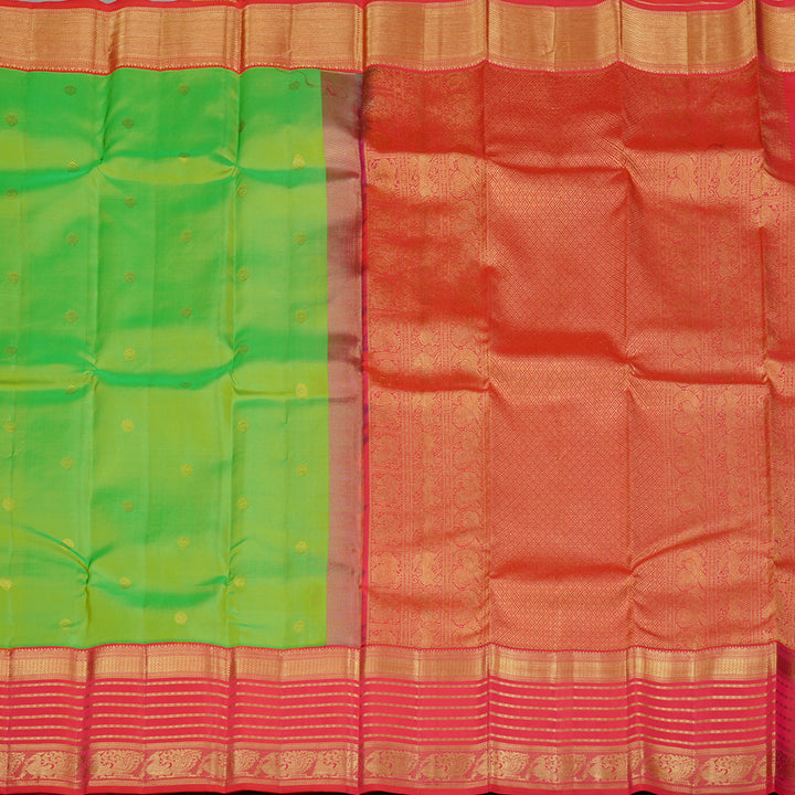 Hayagrivas Fluorescent Green Handloom Kanjivaram Silk Saree with Orangish Pink Border KBD2088C2-5