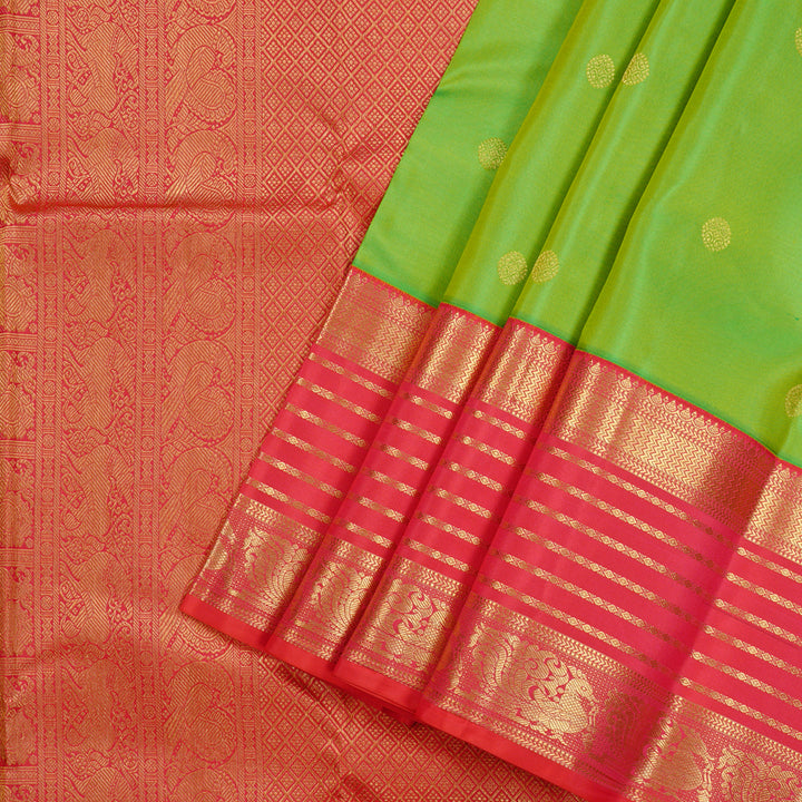 Hayagrivas Fluorescent Green Handloom Kanjivaram Silk Saree with Orangish Pink Border KBD2088C2-5