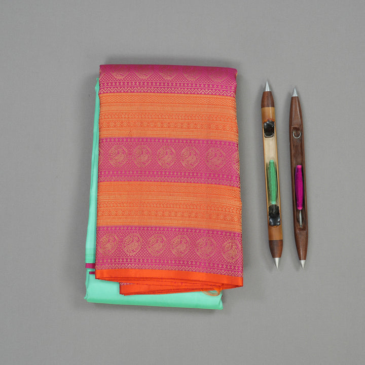 Hayagrivas Handloom Pista Green Kanjivaram Silk Saree with Orange & Pink Border KBD2088C6-8