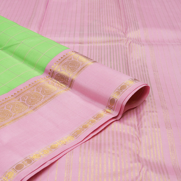 Hayagrivas Handloom Pista Green Kanjivaram Silk Saree with Baby Pink Border KBD2091C1-9