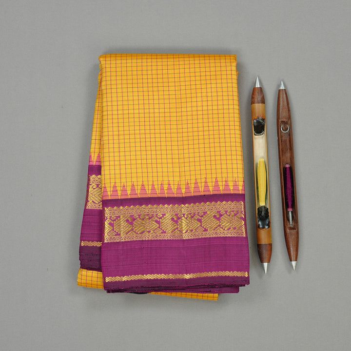 Hayagrivas Mustard Yellow Handloom Kanjivaram Silk Saree with Dark Purple Border KBD2091C2-2