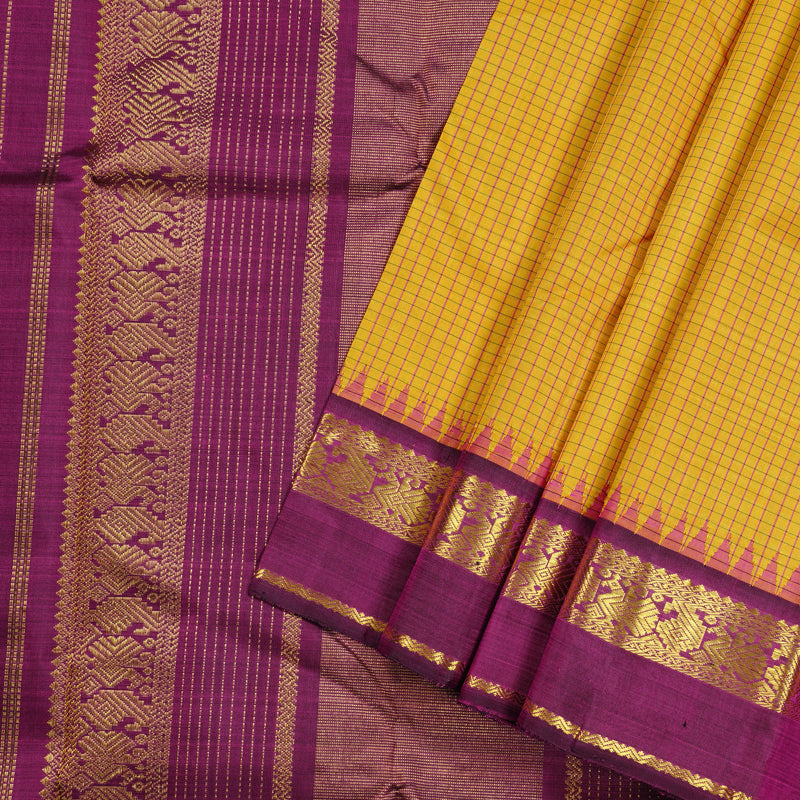 Hayagrivas Mustard Yellow Handloom Kanjivaram Silk Saree with Dark Purple Border KBD2091C2-2