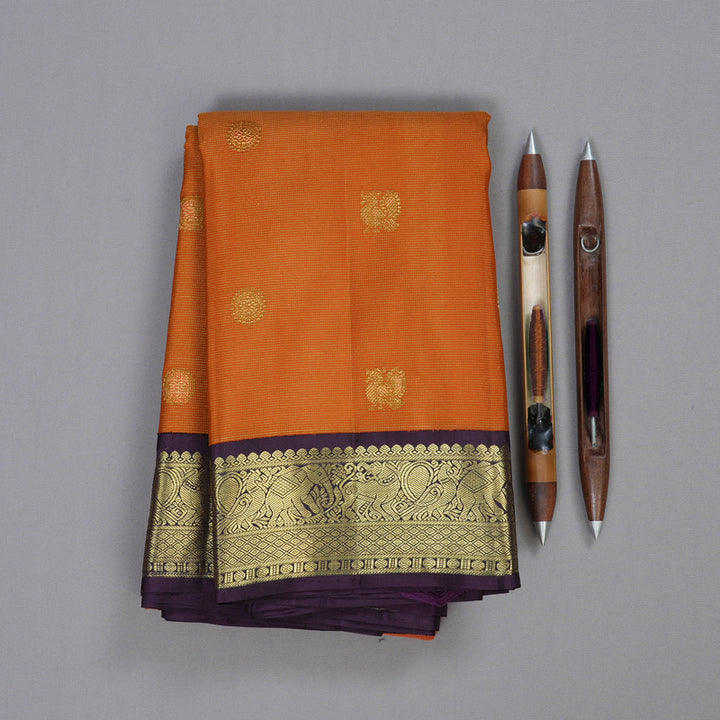 Hayagrivas Orange Handloom Kanjivaram Silk Saree with Dark Plum Purple Border KBD2094C16-1