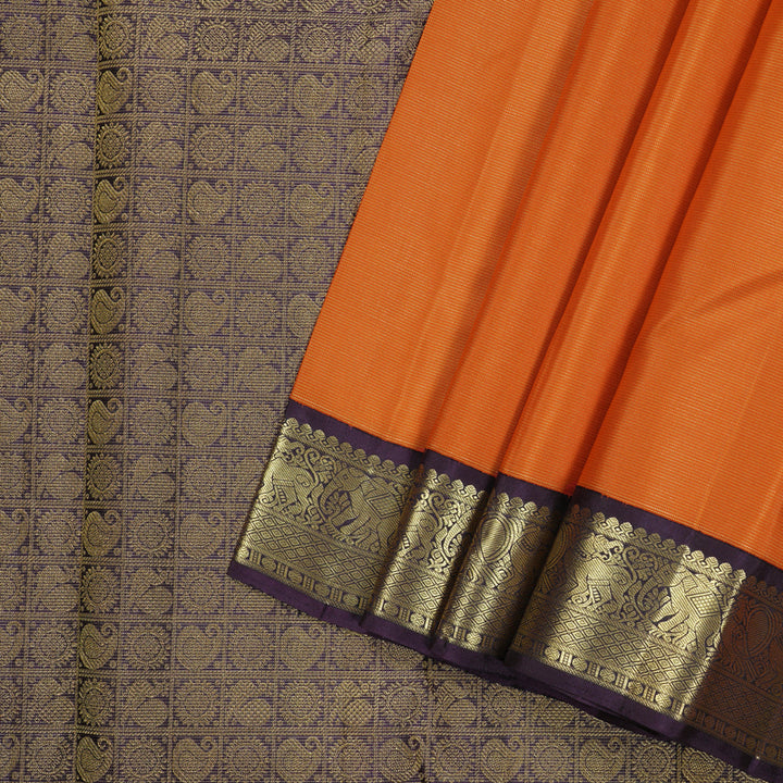 Hayagrivas Orange Handloom Kanjivaram Silk Saree with Dark Plum Purple Border KBD2094C16-1