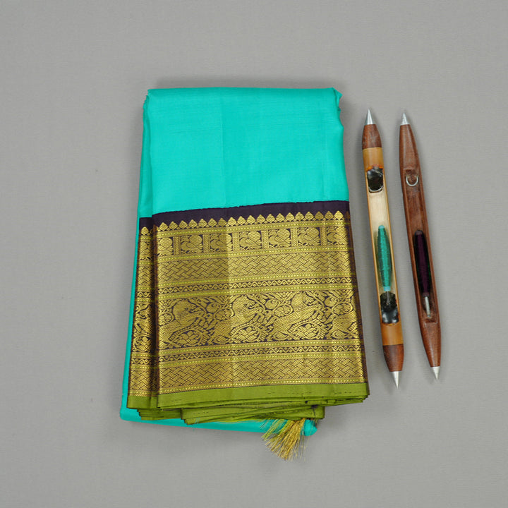 Hayagrivas Sea Blue Handloom Kanjivaram Silk Saree with Dark Purple Border KBD2094C2-4