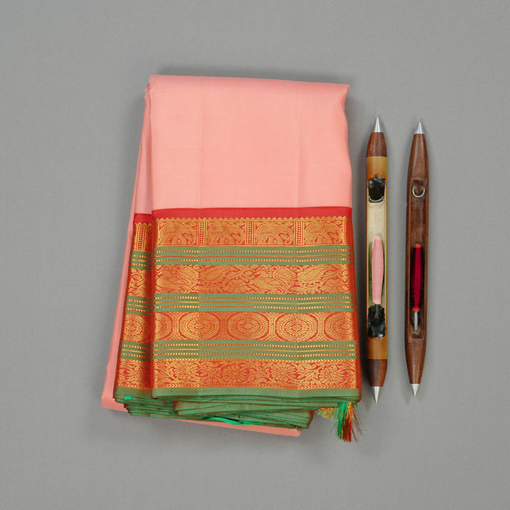 Hayagrivas Peach Pink Handloom Kanjivaram Silk Saree with Red Border KBD2094C2-8