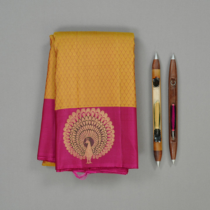 Hayagrivas Honey Mustard Handloom Kanjivaram Silk Saree with Pink Border KBD2094C22-6
