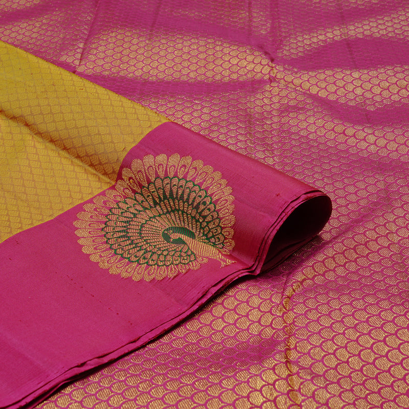 Hayagrivas Honey Mustard Handloom Kanjivaram Silk Saree with Pink Border KBD2094C22-6