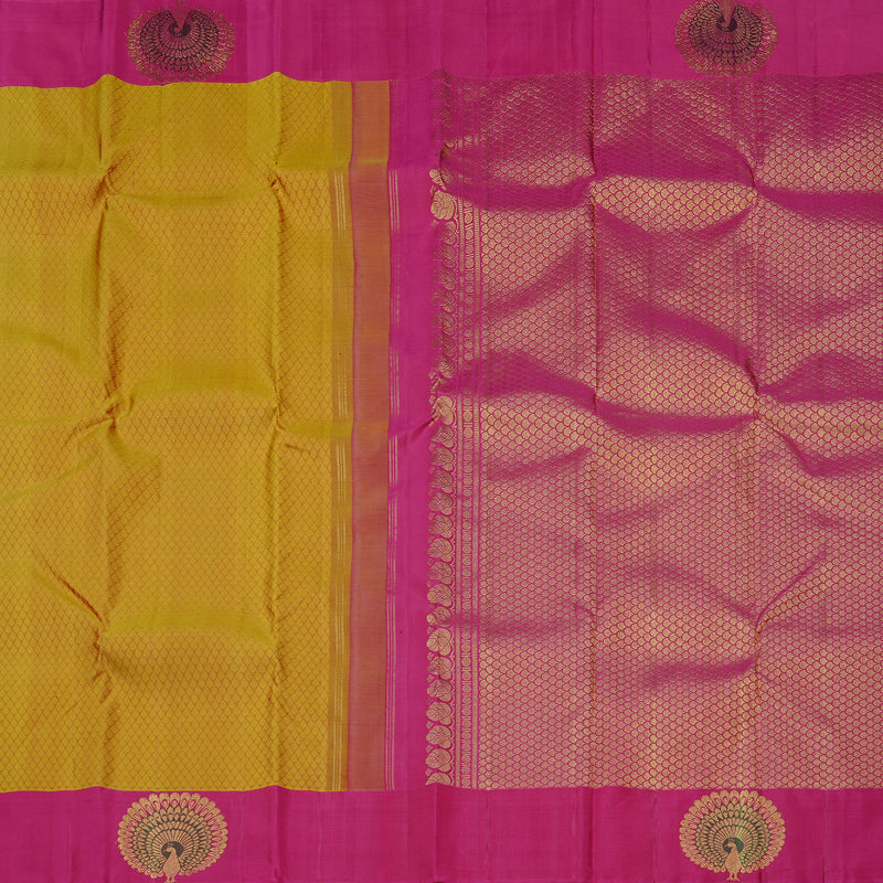 Hayagrivas Honey Mustard Handloom Kanjivaram Silk Saree with Pink Border KBD2094C22-6