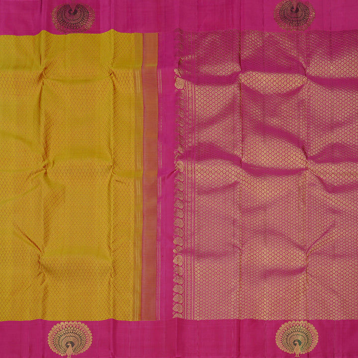 Hayagrivas Honey Mustard Handloom Kanjivaram Silk Saree with Pink Border KBD2094C22-6