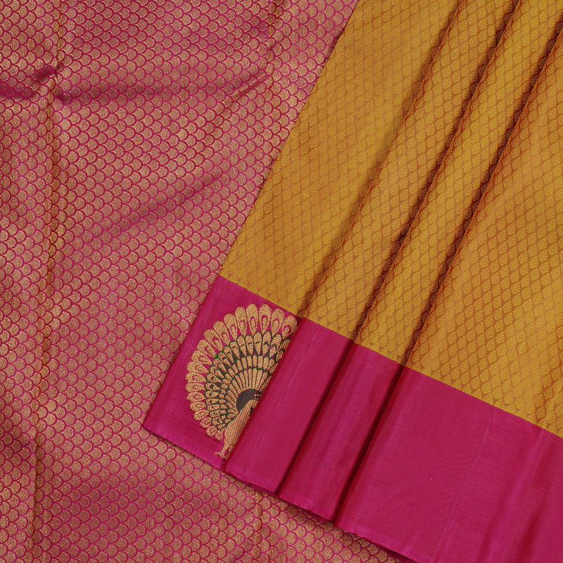 Hayagrivas Honey Mustard Handloom Kanjivaram Silk Saree with Pink Border KBD2094C22-6