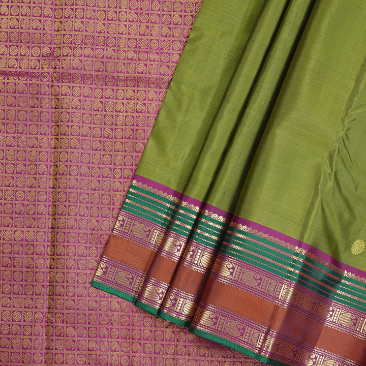 Hayagrivas Moong Dal Green Handloom Kanjivaram Silk Saree with Purple Border KBD2094C3-1