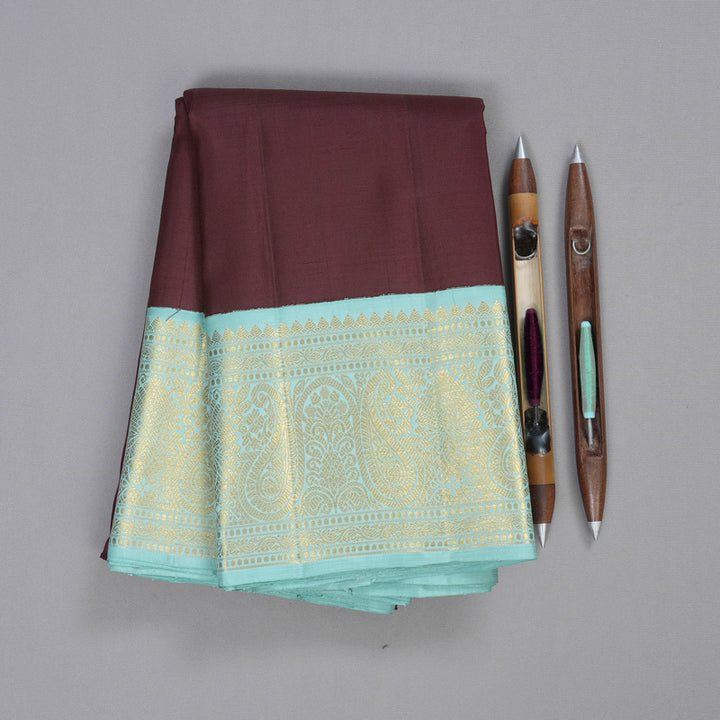 Hayagrivas Dark Brown Handloom Kanjivaram Silk Saree with Light Sky Blue Border KBD2099C2-1