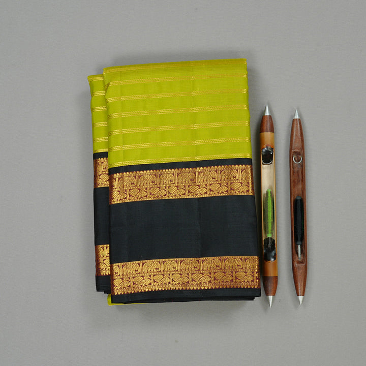 Hayagrivas Fluorescent Green Handloom Kanjivaram Silk Saree with Black Border KBD2102C2-1