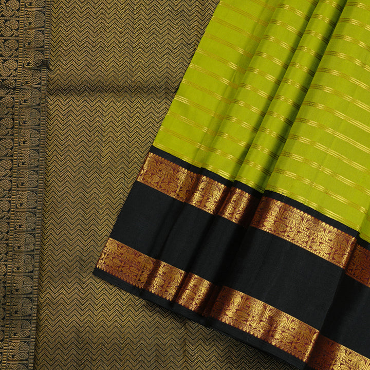 Hayagrivas Fluorescent Green Handloom Kanjivaram Silk Saree with Black Border KBD2102C2-1