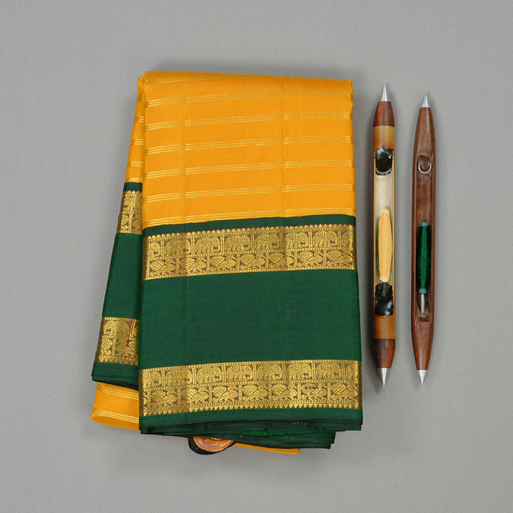 Hayagrivas Mango Yellow Handloom Kanjivaram Silk Saree with Bottle Green Border KBD2102C3-1