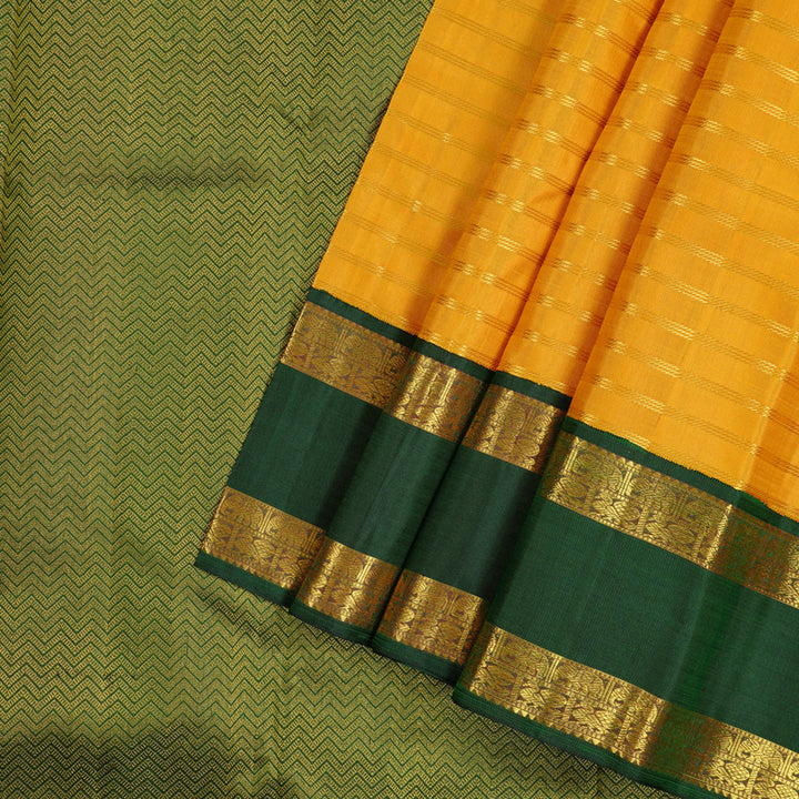 Hayagrivas Mango Yellow Handloom Kanjivaram Silk Saree with Bottle Green Border KBD2102C3-1