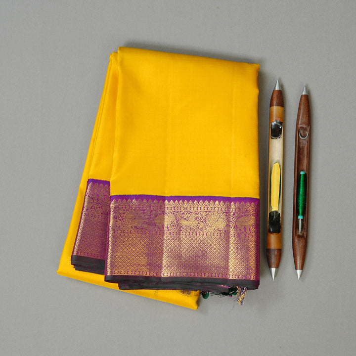 Hayagrivas Yellow Handloom Kanjivaram Silk Saree with Purple Border KBF134D4-1