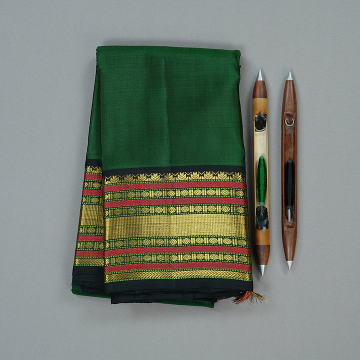 Hayagrivas Bottle Green Handloom Kanjivaram Silk Saree with Black Border KBD2105C6-2