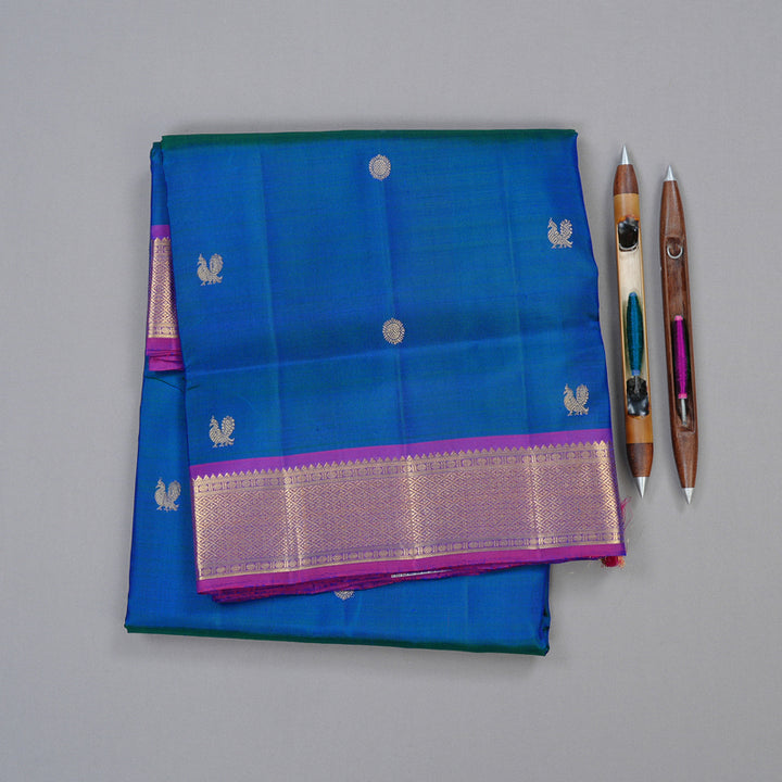 Hayagrivas Peacock Blue Handloom Kanjivaram Ten Yards Silk Saree with Purple Border KBD2108C2-5