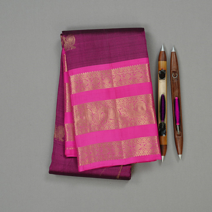 Hayagrivas Dark Purple Handloom Kanjivaram Silk Saree with Pink Border KBD2113C12-1