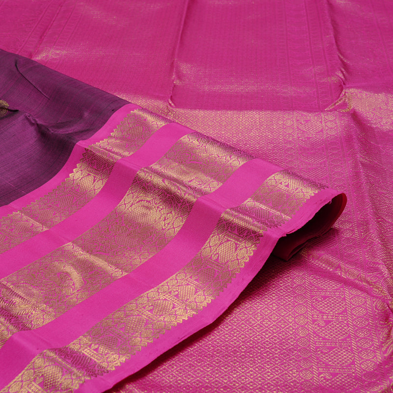 Hayagrivas Dark Purple Handloom Kanjivaram Silk Saree with Pink Border KBD2113C12-1