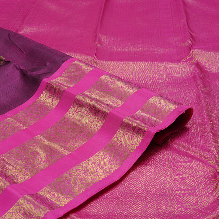 Hayagrivas Dark Purple Handloom Kanjivaram Silk Saree with Pink Border KBD2113C12-1